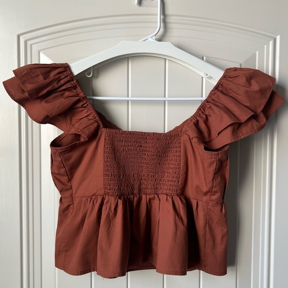 Abercrombie Brown Ruffle Poplin Top Size M Cotton Blend - Picture 3 of 9